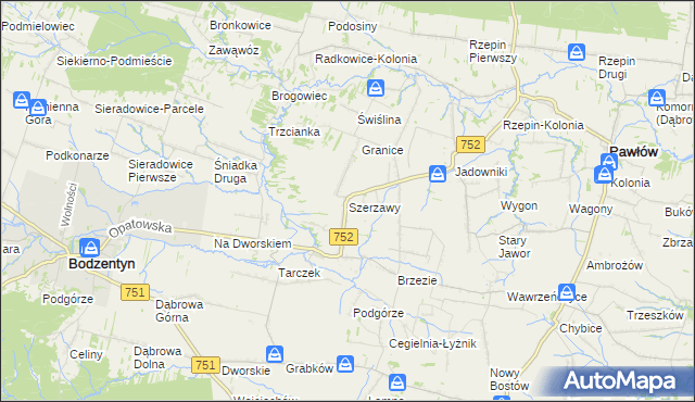 mapa Szerzawy gmina Pawłów, Szerzawy gmina Pawłów na mapie Targeo