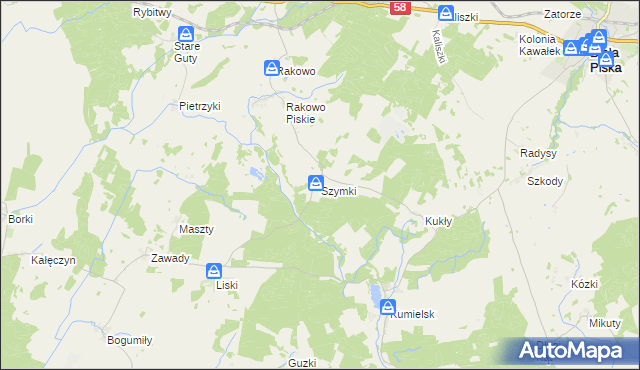 mapa Szymki gmina Biała Piska, Szymki gmina Biała Piska na mapie Targeo