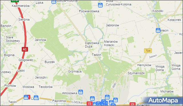 mapa Tadzin gmina Brzeziny, Tadzin gmina Brzeziny na mapie Targeo