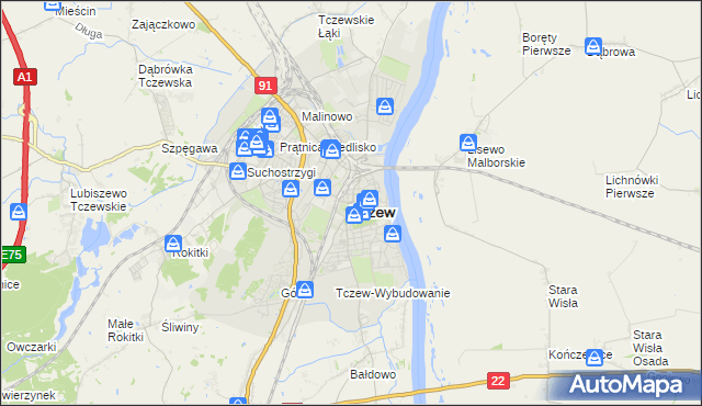 mapa Tczew, Tczew na mapie Targeo