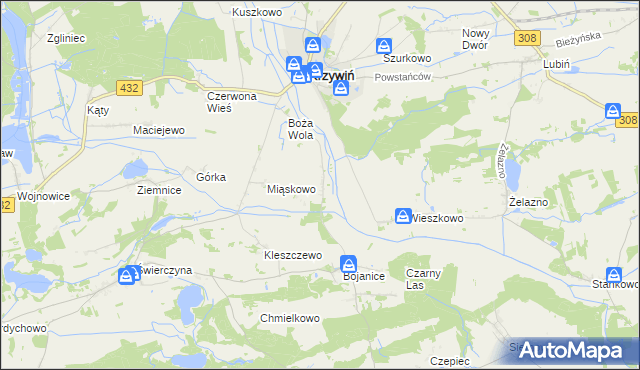 mapa Teklimyśl gmina Krzywiń, Teklimyśl gmina Krzywiń na mapie Targeo
