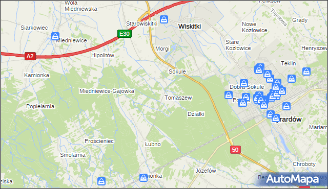 mapa Tomaszew gmina Wiskitki, Tomaszew gmina Wiskitki na mapie Targeo