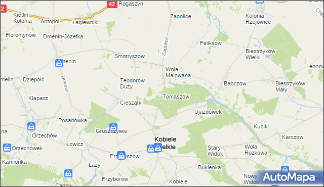 mapa Tomaszów gmina Kobiele Wielkie, Tomaszów gmina Kobiele Wielkie na mapie Targeo