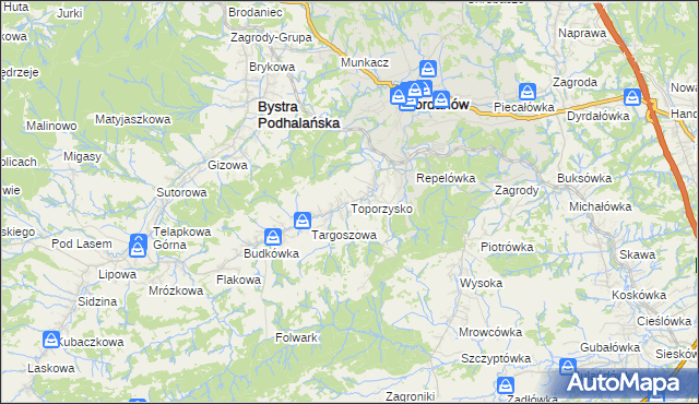 mapa Toporzysko gmina Jordanów, Toporzysko gmina Jordanów na mapie Targeo