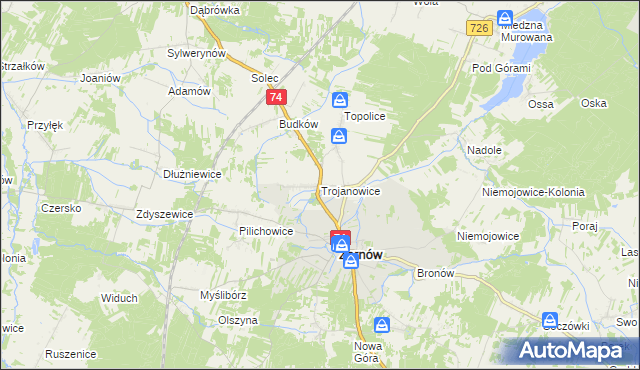 mapa Trojanowice gmina Żarnów, Trojanowice gmina Żarnów na mapie Targeo