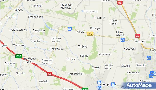 mapa Trojany gmina Parzęczew, Trojany gmina Parzęczew na mapie Targeo