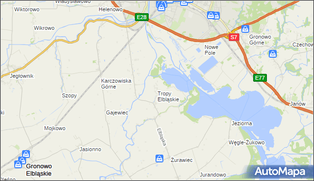 mapa Tropy Elbląskie, Tropy Elbląskie na mapie Targeo