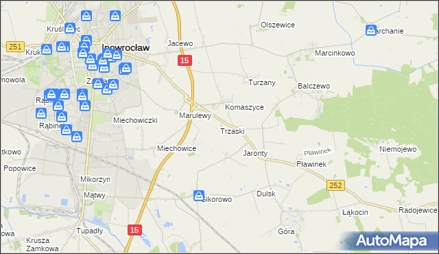 mapa Trzaski gmina Inowrocław, Trzaski gmina Inowrocław na mapie Targeo