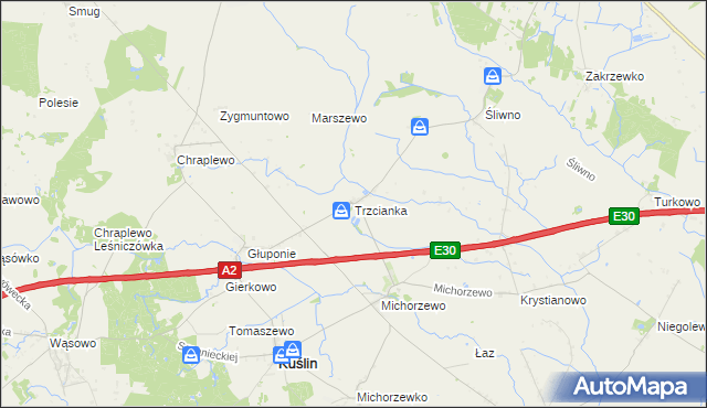 mapa Trzcianka gmina Kuślin, Trzcianka gmina Kuślin na mapie Targeo