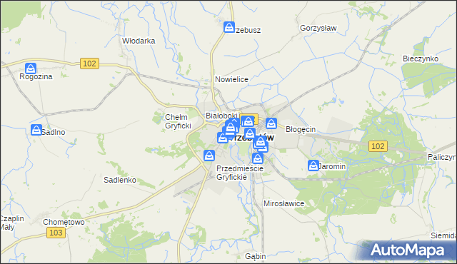 mapa Trzebiatów powiat gryficki, Trzebiatów powiat gryficki na mapie Targeo