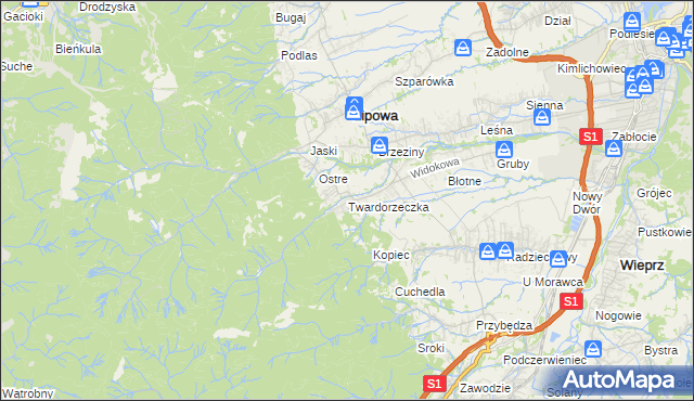 mapa Twardorzeczka, Twardorzeczka na mapie Targeo