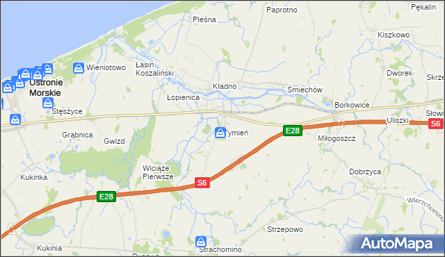 mapa Tymień gmina Będzino, Tymień gmina Będzino na mapie Targeo