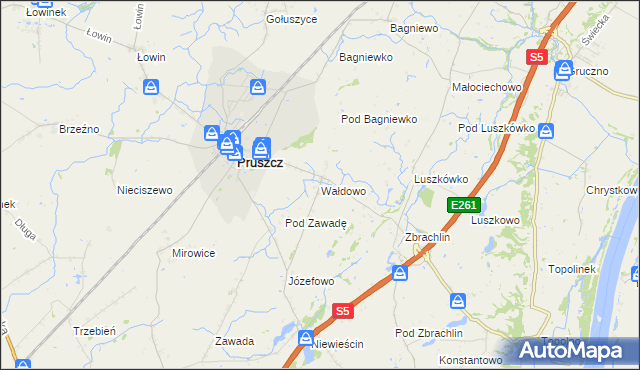 mapa Wałdowo gmina Pruszcz, Wałdowo gmina Pruszcz na mapie Targeo