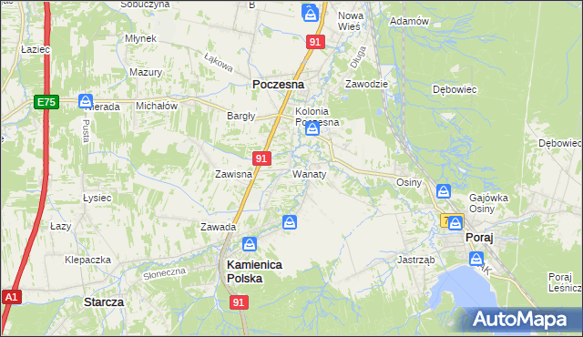 mapa Wanaty gmina Kamienica Polska, Wanaty gmina Kamienica Polska na mapie Targeo