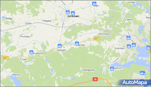 mapa Warkały gmina Jonkowo, Warkały gmina Jonkowo na mapie Targeo