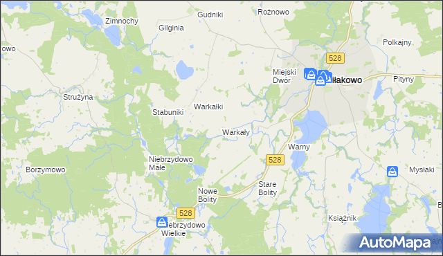 mapa Warkały gmina Miłakowo, Warkały gmina Miłakowo na mapie Targeo