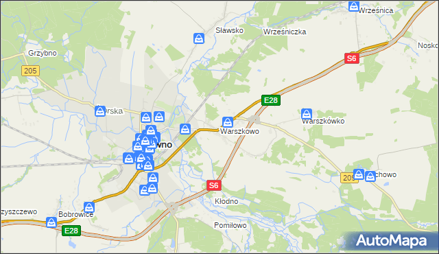 mapa Warszkowo gmina Sławno, Warszkowo gmina Sławno na mapie Targeo