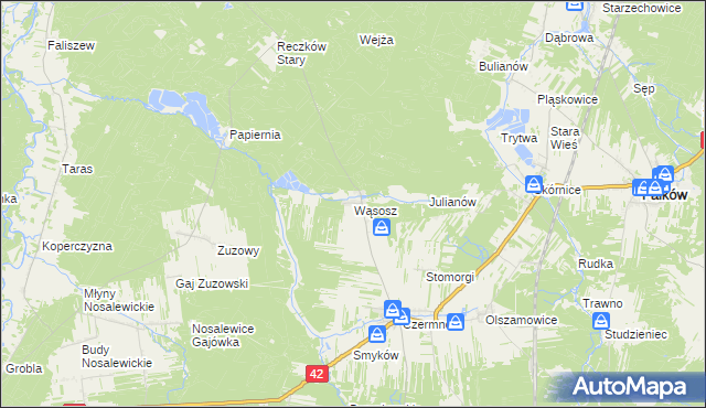 mapa Wąsosz gmina Fałków, Wąsosz gmina Fałków na mapie Targeo