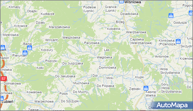 mapa Węglówka gmina Wiśniowa, Węglówka gmina Wiśniowa na mapie Targeo