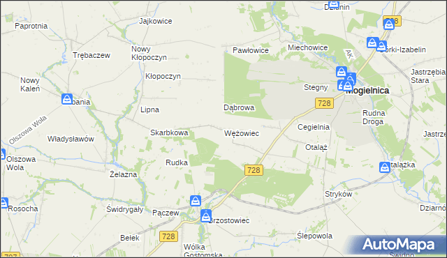 mapa Wężowiec gmina Mogielnica, Wężowiec gmina Mogielnica na mapie Targeo