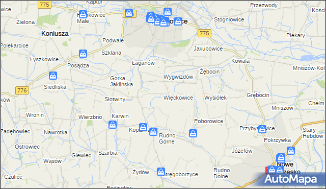 mapa Więckowice gmina Proszowice, Więckowice gmina Proszowice na mapie Targeo