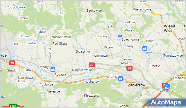 mapa Więckowice gmina Zabierzów, Więckowice gmina Zabierzów na mapie Targeo