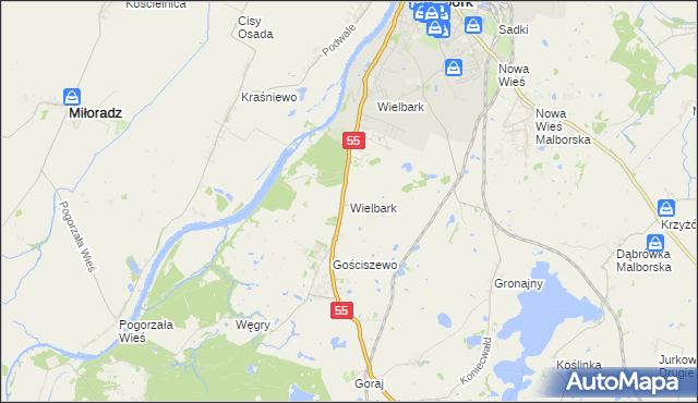 mapa Wielbark gmina Malbork, Wielbark gmina Malbork na mapie Targeo