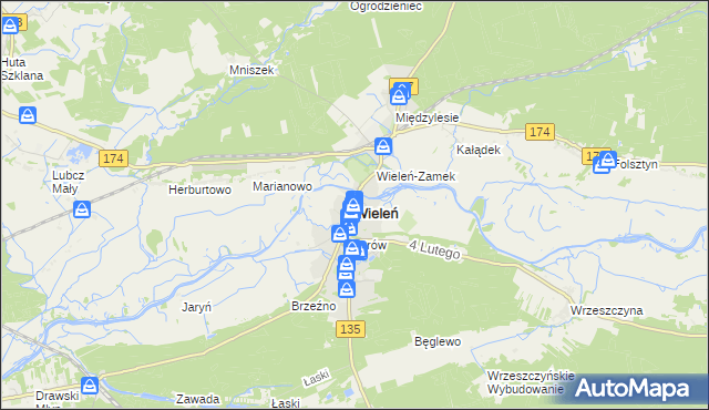 mapa Wieleń powiat czarnkowsko-trzcianecki, Wieleń powiat czarnkowsko-trzcianecki na mapie Targeo