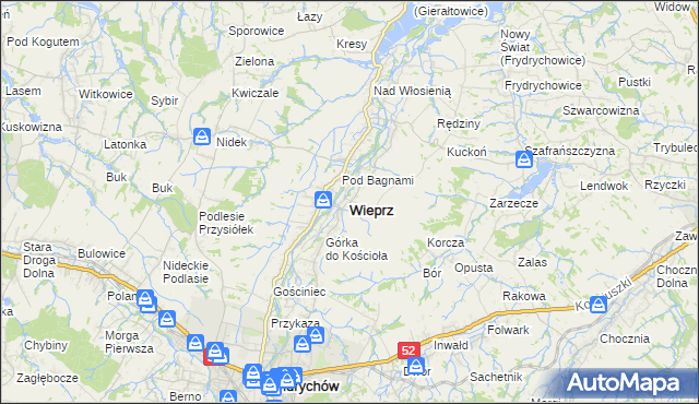 mapa Wieprz powiat wadowicki, Wieprz powiat wadowicki na mapie Targeo