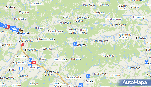 mapa Wieprzec gmina Maków Podhalański, Wieprzec gmina Maków Podhalański na mapie Targeo