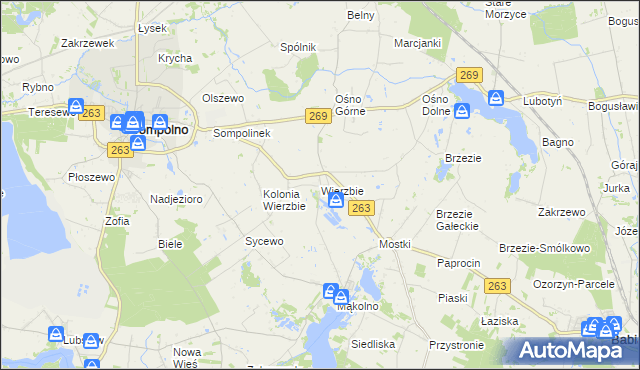 mapa Wierzbie gmina Sompolno, Wierzbie gmina Sompolno na mapie Targeo