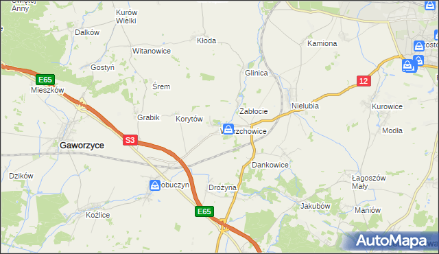 mapa Wierzchowice gmina Gaworzyce, Wierzchowice gmina Gaworzyce na mapie Targeo