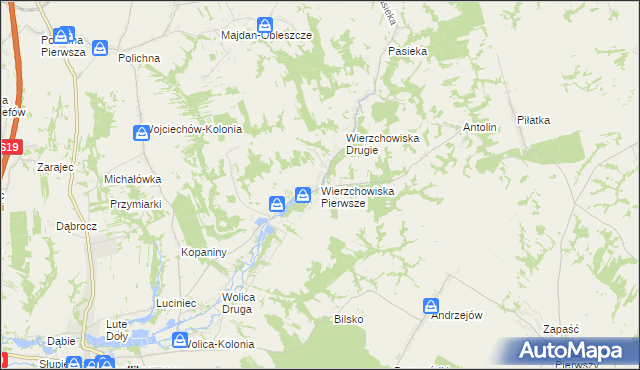 mapa Wierzchowiska Pierwsze gmina Modliborzyce, Wierzchowiska Pierwsze gmina Modliborzyce na mapie Targeo