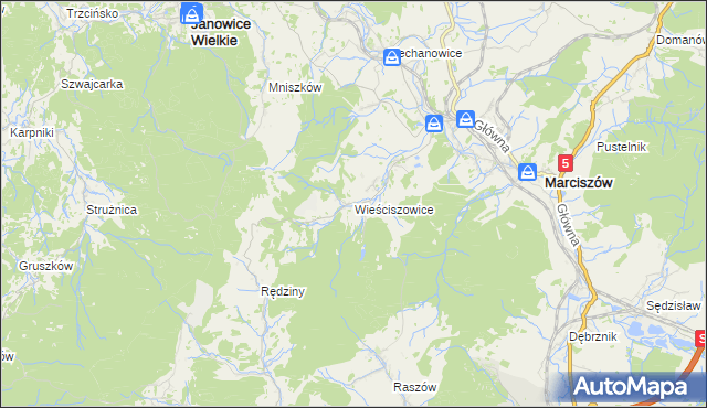 mapa Wieściszowice, Wieściszowice na mapie Targeo