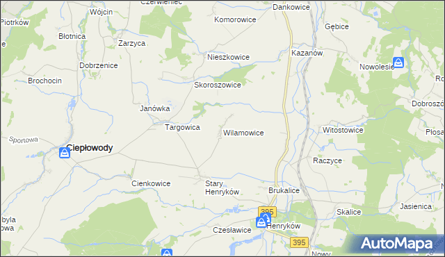 mapa Wilamowice gmina Ciepłowody, Wilamowice gmina Ciepłowody na mapie Targeo