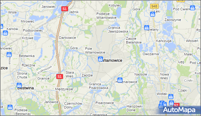 mapa Wilamowice powiat bielski, Wilamowice powiat bielski na mapie Targeo