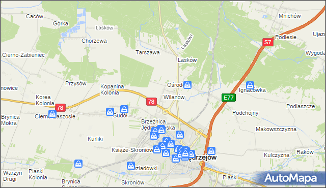 mapa Wilanów gmina Jędrzejów, Wilanów gmina Jędrzejów na mapie Targeo