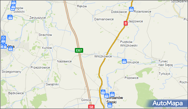mapa Wilczkowice gmina Jordanów Śląski, Wilczkowice gmina Jordanów Śląski na mapie Targeo