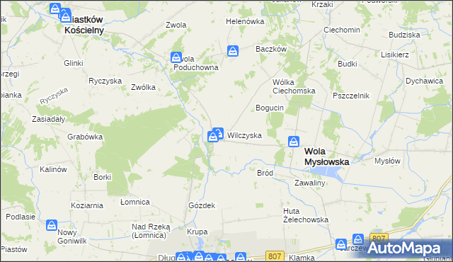 mapa Wilczyska gmina Wola Mysłowska, Wilczyska gmina Wola Mysłowska na mapie Targeo