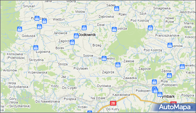 mapa Wilkowisko gmina Jodłownik, Wilkowisko gmina Jodłownik na mapie Targeo
