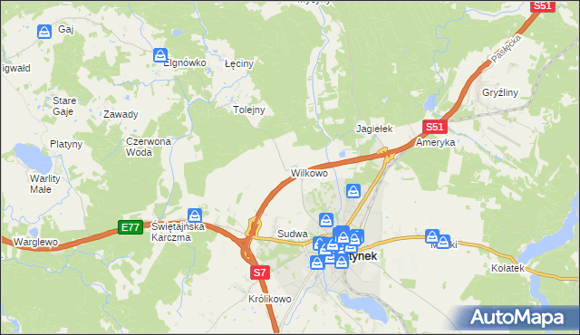 mapa Wilkowo gmina Olsztynek, Wilkowo gmina Olsztynek na mapie Targeo