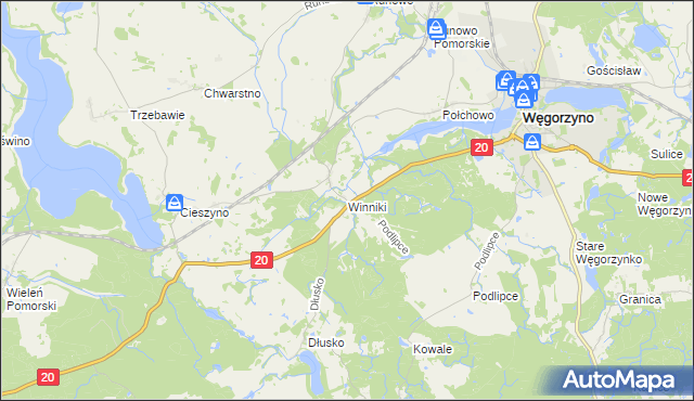 mapa Winniki gmina Węgorzyno, Winniki gmina Węgorzyno na mapie Targeo