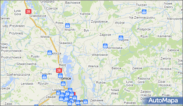 mapa Witanowice gmina Tomice, Witanowice gmina Tomice na mapie Targeo