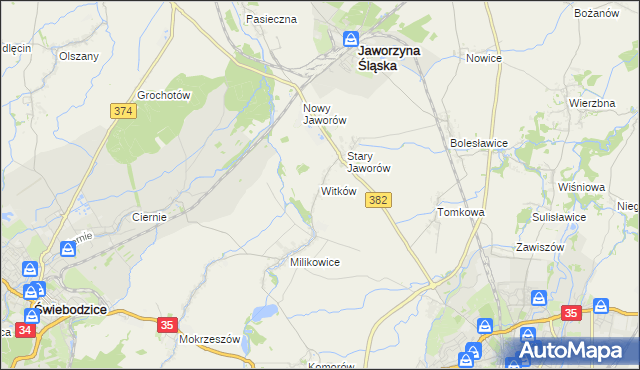 mapa Witków gmina Jaworzyna Śląska, Witków gmina Jaworzyna Śląska na mapie Targeo