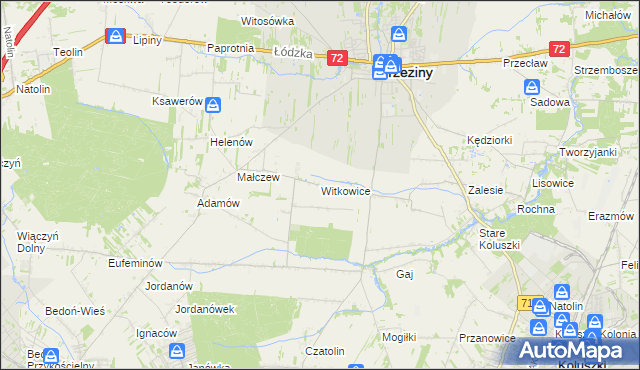 mapa Witkowice gmina Brzeziny, Witkowice gmina Brzeziny na mapie Targeo