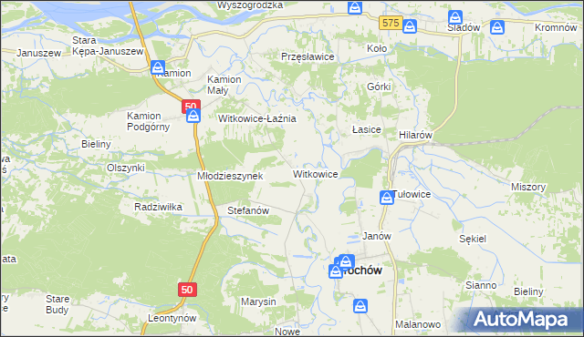 mapa Witkowice gmina Młodzieszyn, Witkowice gmina Młodzieszyn na mapie Targeo