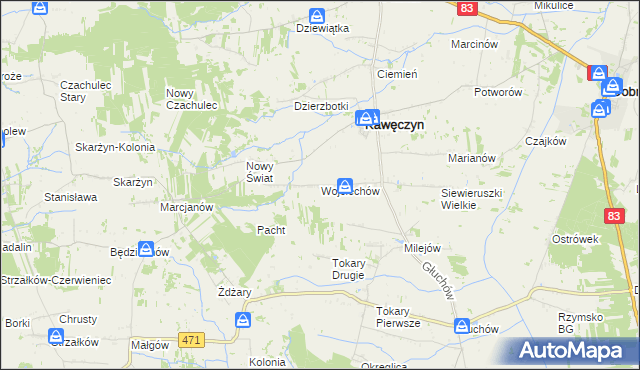 mapa Wojciechów gmina Kawęczyn, Wojciechów gmina Kawęczyn na mapie Targeo