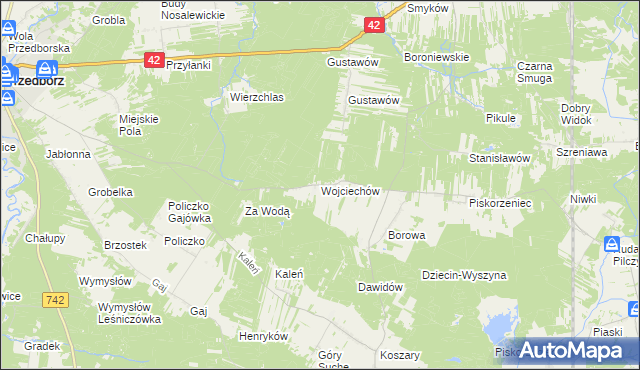 mapa Wojciechów gmina Przedbórz, Wojciechów gmina Przedbórz na mapie Targeo