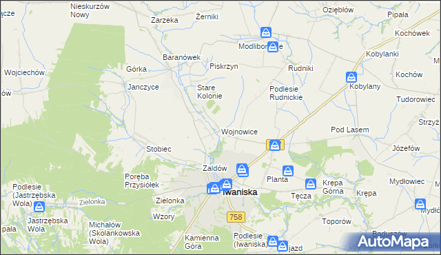 mapa Wojnowice gmina Iwaniska, Wojnowice gmina Iwaniska na mapie Targeo