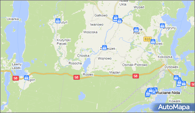 mapa Wojnowo gmina Ruciane-Nida, Wojnowo gmina Ruciane-Nida na mapie Targeo